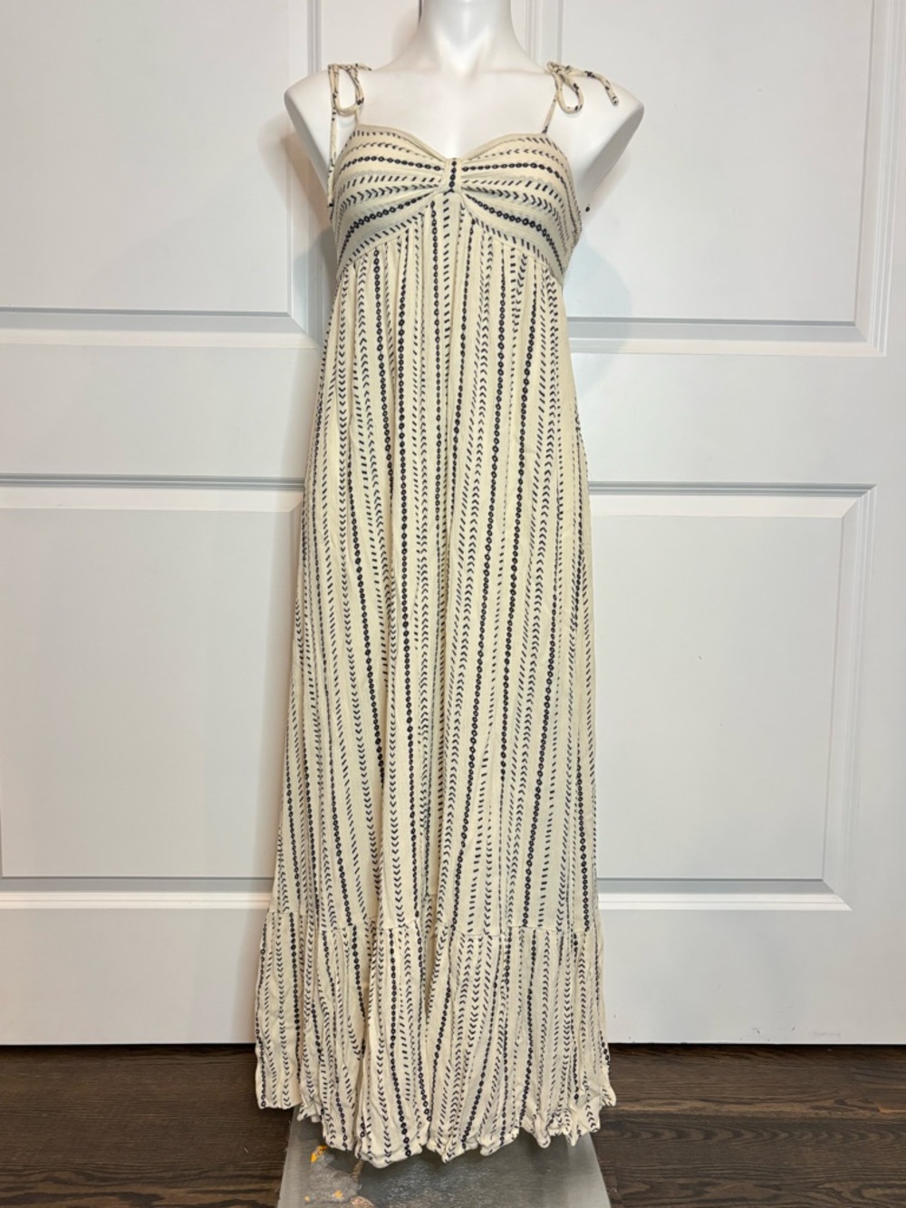 NWT Shop Neighbor Cream Black Geo Stripe Tie Shoulder Midi Dress M